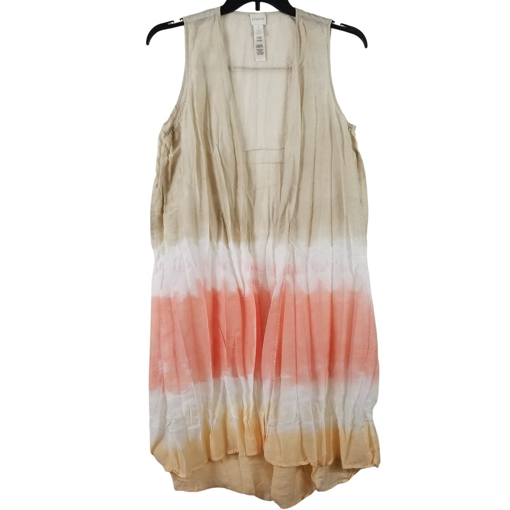 Chicos Womens Ombre Dip Dye Open Front Sleeves Top Vest Tan Coral Yellow Sz S